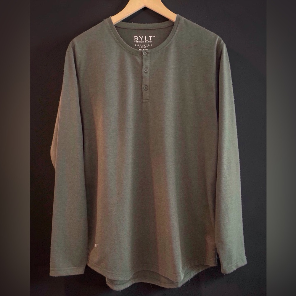 BYLT Premium Basics Drop-Cut Long Sleeve Henley Dark Olive Green like new